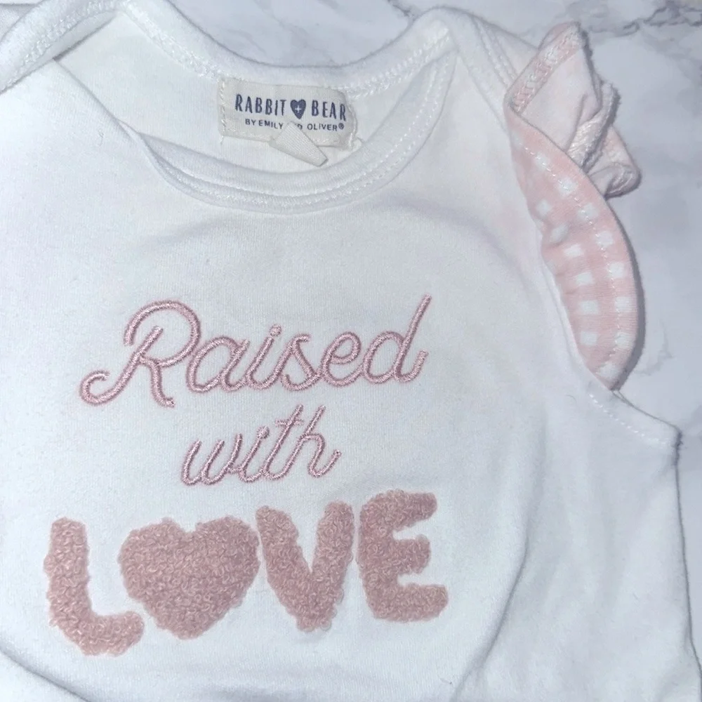 Rabbit Bear Raised with Love White and Pink Baby One piece size 6-9 months